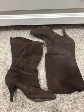 Anthropologie Dark Brown Suede Mid-Calf Heeled Boots